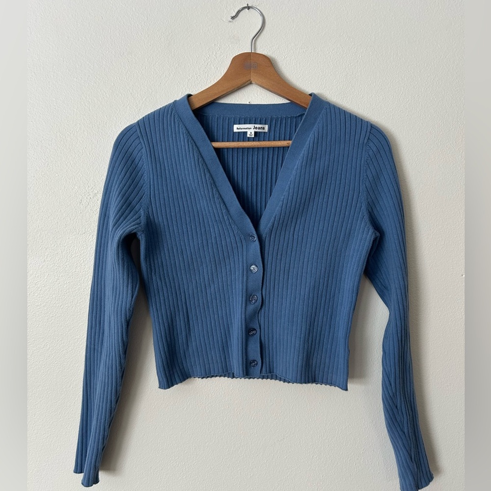 Reformation Jeans Gilda Ribbed V-Neck Cardigan Women's S Blue Sweater
